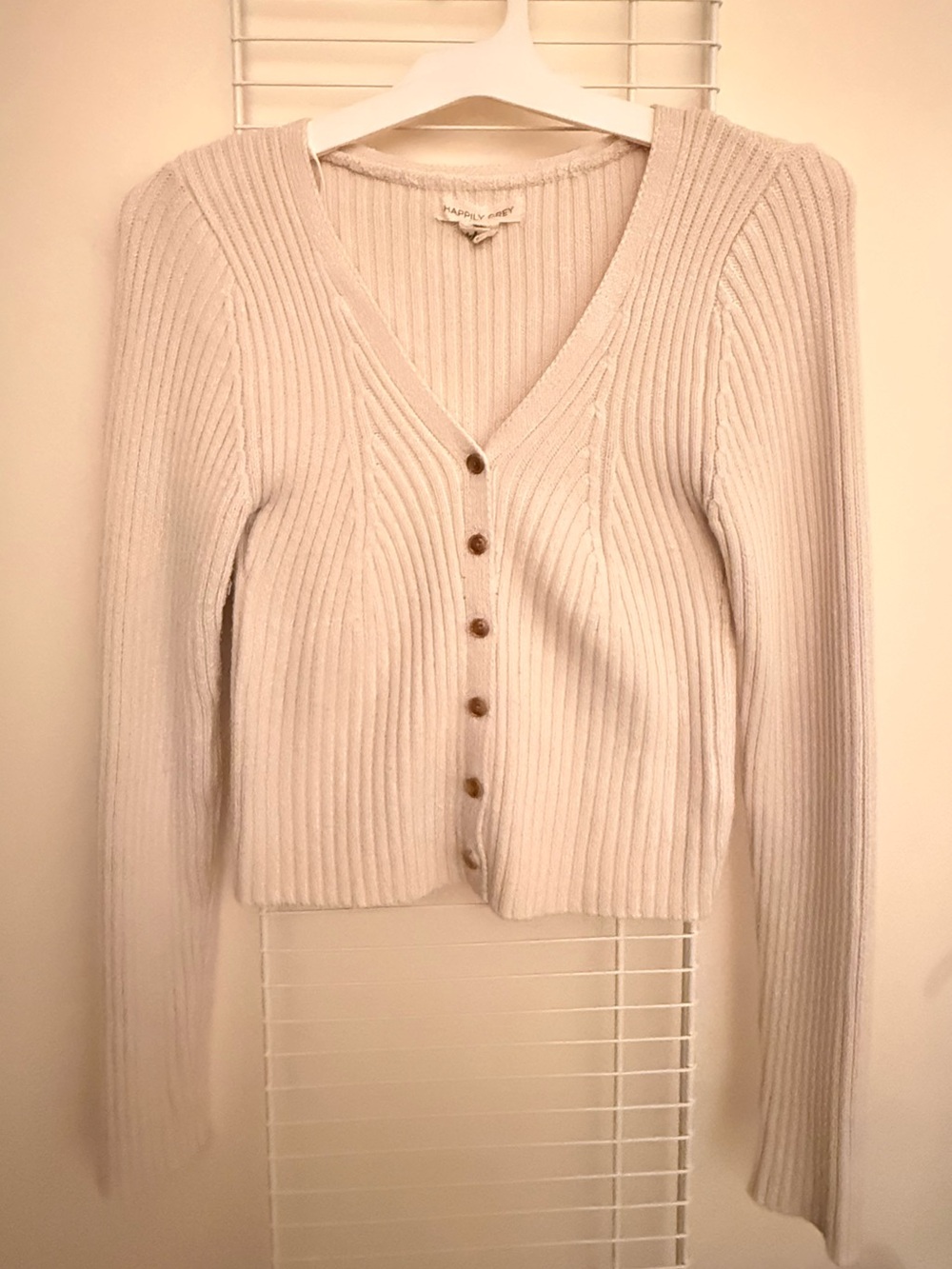 Ribbed V-Neck Button-Front Sweater Cardigan - Cream